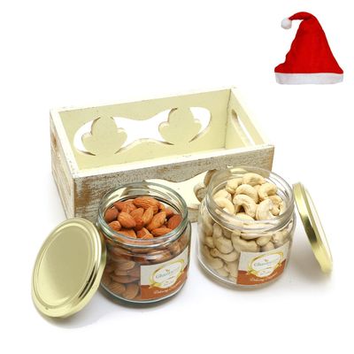 Jaiccha Ghasitaram Christmas Gifts White Wooden Tray of 2 Jars of Cashews and Almonds