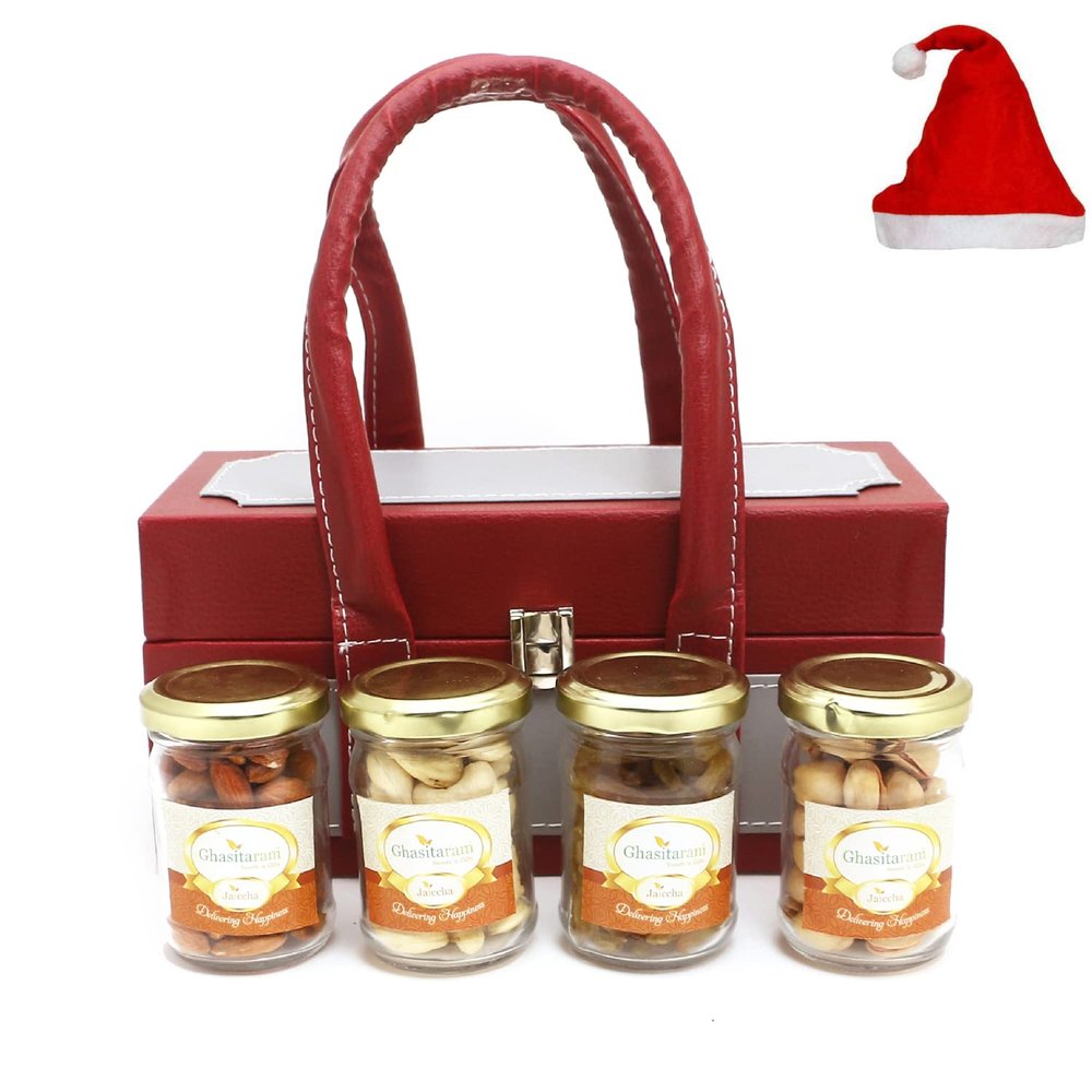 Jaiccha Ghasitaram Christmas Gifts Apex Wooden Box of 4 Dryfruits Jars