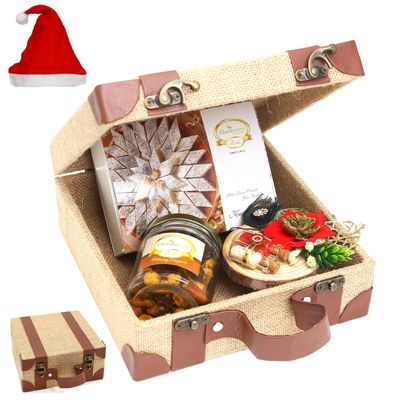Jaiccha Ghasitaram Christmas Gifts Jute Box of Mix Dryfruits, Kaju Katli and Roli Chawal Wooden Thali
