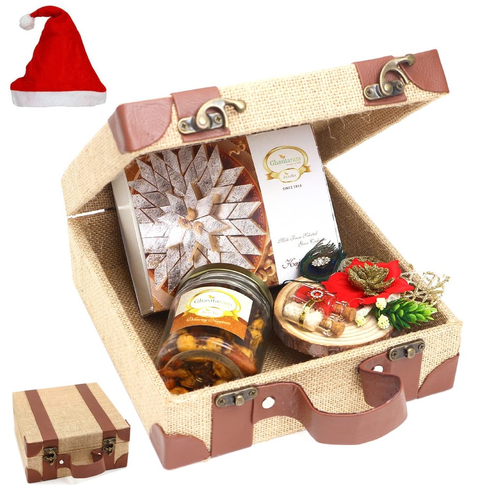 Jaiccha Ghasitaram Christmas Gifts Jute Box of Mix Dryfruits, Kaju Katli and Roli Chawal Wooden Thali