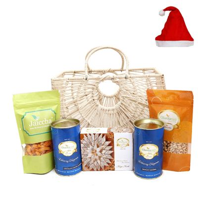 Jaiccha Ghasitaram Christmas Gifts Jute Fancy Basket/ Carry Bag/ Magazine Holder of Assorments with Kaju Katli