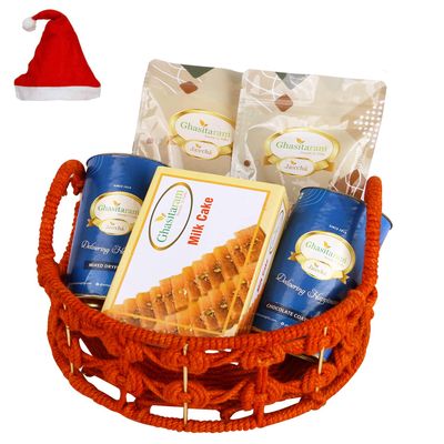 Jaiccha Ghasitaram Christmas Gifts Orange Jute Basket of assortments with Milk Cake