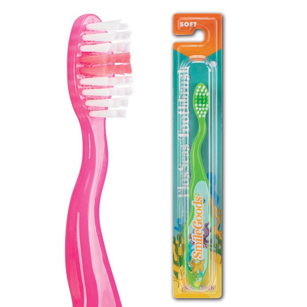 SmileGoods Y302 FlosSeas Child Toothbrush, Soft, Individually Packaged Toothbrushes, Assorted Colors, Bulk Pack of 72