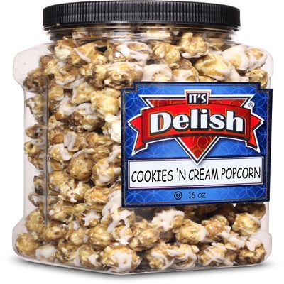 Gourmet Cookies 'n Cream Popcorn by Its Delish, 16 Oz (1 Lb) Jumbo Container Bulk Popcorn Festive Caramel Air Popped Sweet Crunchy White & Dark Drizzle Glazed Carmel Corn Snack, Parties - Dairy-Free, Kosher