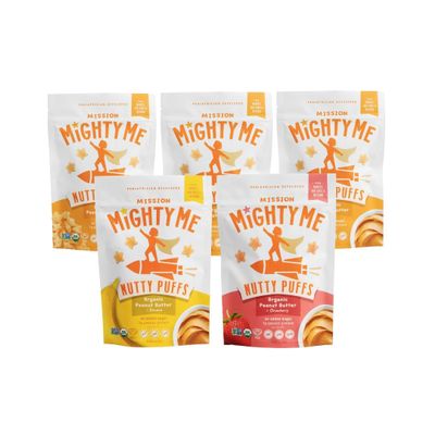 Mission Mighty Me Nutty Puffs All Peanut Variety Pack - Organic Peanut Butter Puffs for Babies + Kids - Pediatrician Developed - USDA Organic - Peanut Butter, Strawberry, Banana Flavor (1.5oz, 5-Pack)
