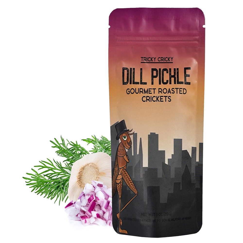 Tricky Cricky Edible Flavored Cricket Snacks for Humans - USA Grown - Unique & Healthy Gourmet Snacks for Adults - High Protein, Low Carb, Low Calorie Dried Edible Bugs for People - Dill Pickle - 1 Oz