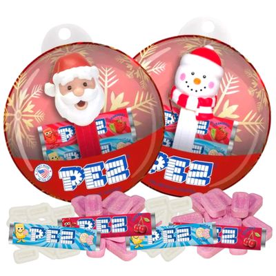 Needzo Christmas Santa Claus Candy Dispenser Ornament, Assorted Flavor Refill Candies, Holiday Gift Set Stocking Stuffer for Boys or Girls, Pack of 2 (PEZ round ornaments)