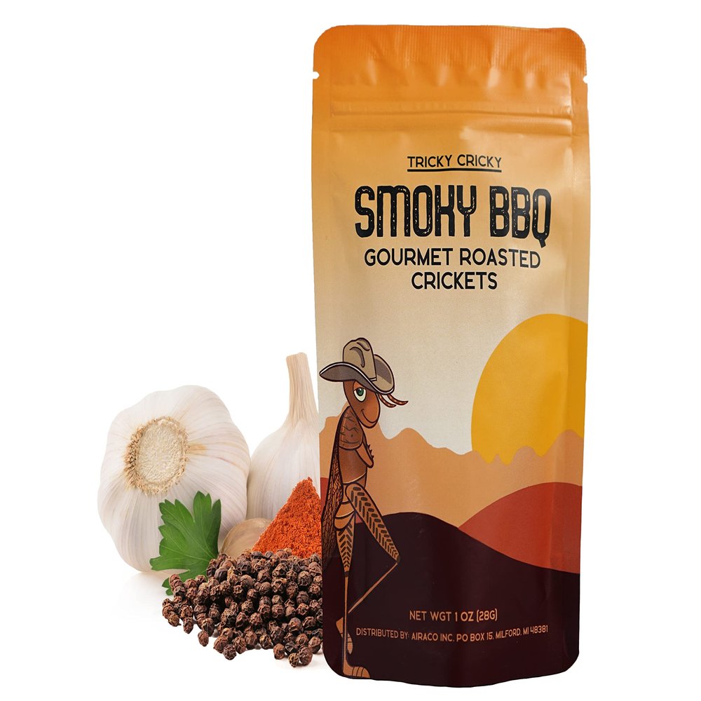 Tricky Cricky Edible Flavored Cricket Snacks for Humans - USA Grown - Unique & Healthy Gourmet Snacks for Adults - High Protein, Low Carb, Low Calorie Dried Edible Bugs for People - BBQ - 1 Oz