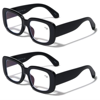 V.W.E. 2 Pairs Sleek Bold Women Anti Blue Light UV Blocker Reading Glasses Rectangular Reader (2 Black, 0.00, diopters)