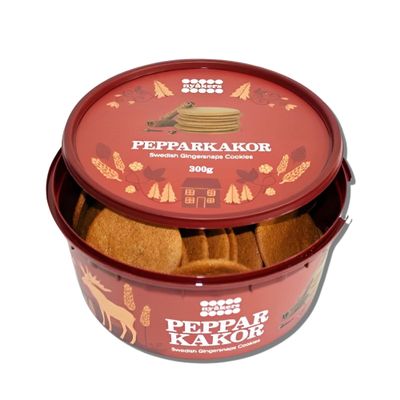 Nyakers Pepparkakor Swedish Ginger Snaps Cookies, Vegan Cookies, Dairy-Free Snacks, Gourmet Cookies, Food Gift for Holidays, Valentines, Thanksgiving - Red Tub, 10.58oz