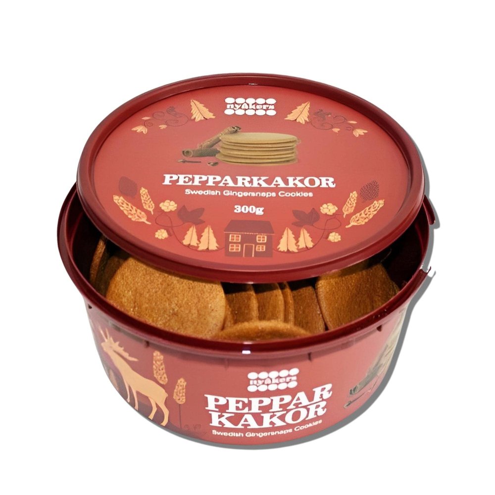 Nyakers Pepparkakor Swedish Ginger Snaps Cookies, Vegan Cookies, Dairy-Free Snacks, Gourmet Cookies, Food Gift for Holidays, Valentines, Thanksgiving - Red Tub, 10.58oz