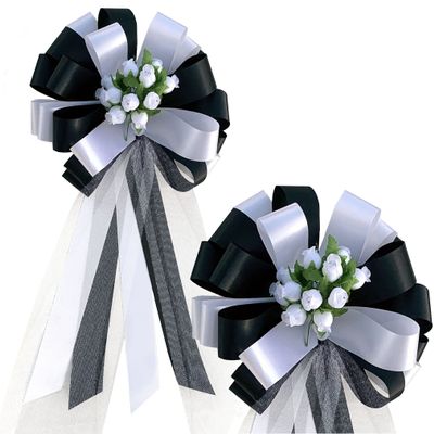 Black and White Wedding Pull Bows with Tulle Tails and Rosebuds - 8" Wide, Set of 6, Wedding Pew Bows, Aisle Decoration. Reception, Anniversary