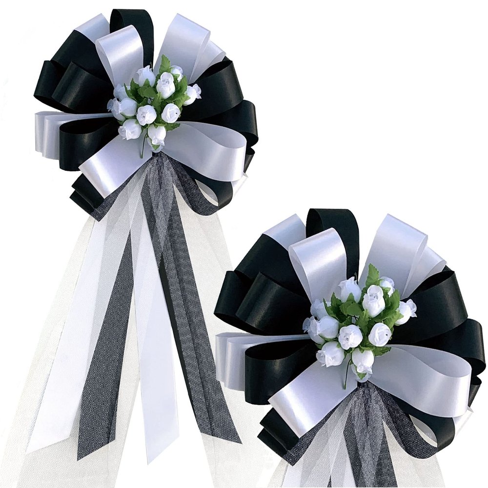Black and White Wedding Pull Bows with Tulle Tails and Rosebuds - 8" Wide, Set of 6, Wedding Pew Bows, Aisle Decoration. Reception, Anniversary