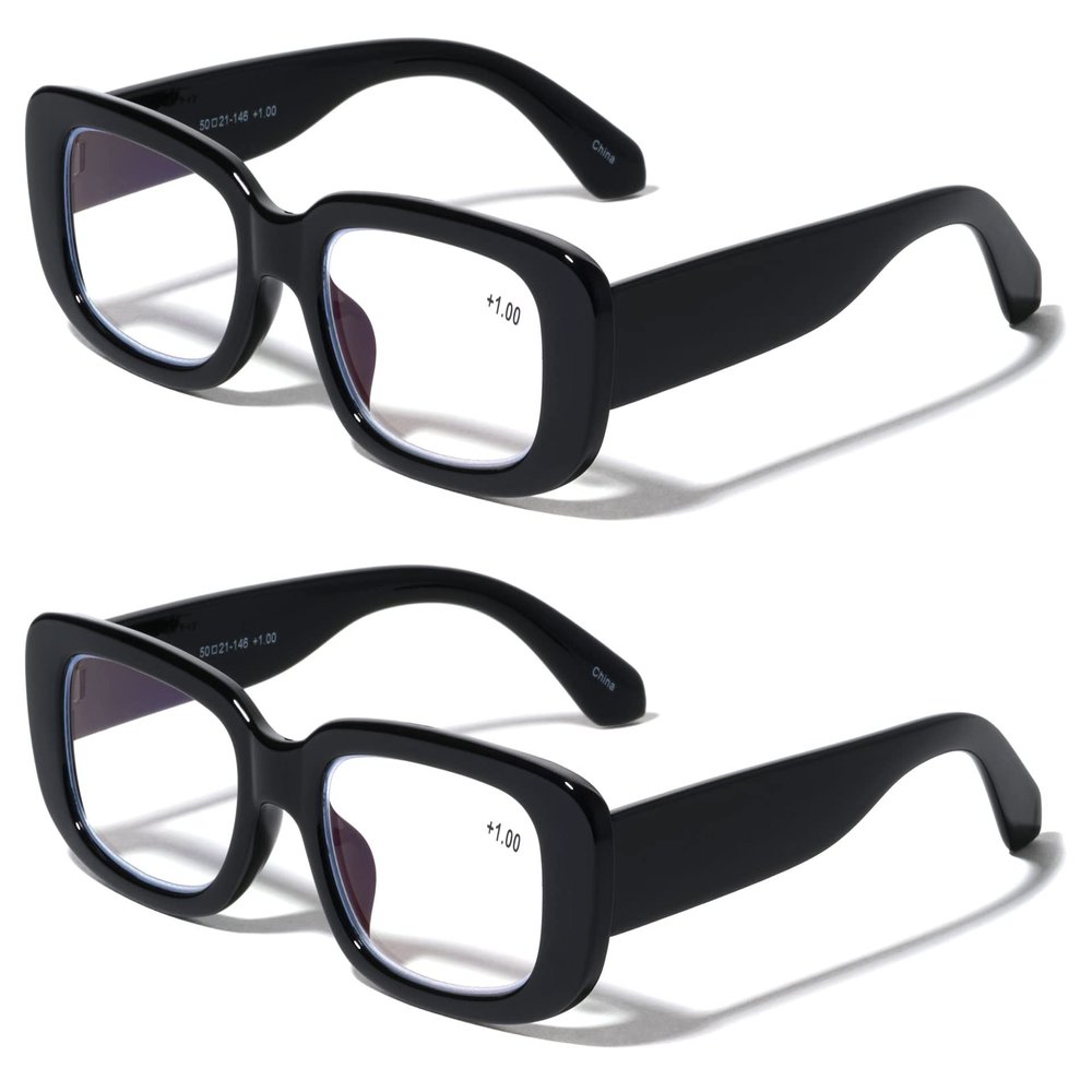 V.W.E. 2 Pairs Sleek Bold Women Anti Blue Light UV Blocker Reading Glasses Rectangular Reader (2 Black, 1.25, diopters)