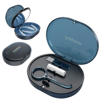 LONGMON 2 Pack Blue New Double-layer Aligner Case with Belt Chewing,Removal Tool,Cleaning Brush,Built in Mirror Orthodontic Case
