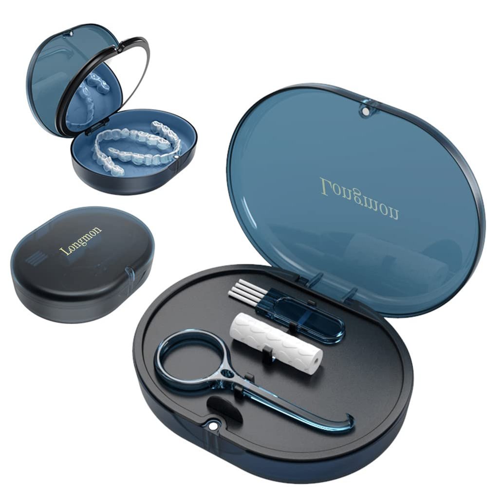 LONGMON 2 Pack Blue New Double-layer Aligner Case with Belt Chewing,Removal Tool,Cleaning Brush,Built in Mirror Orthodontic Case