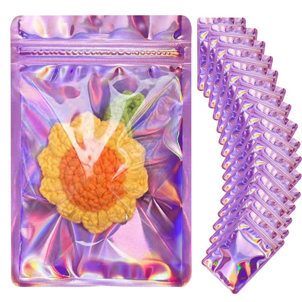 100pcs Holographic Bags for Small Business Resealable Mylar Bags for Food Storage Snack Size Ziplock Baggies with Clear Winodw Packaing Jewelry Lip Gloss Candy (3x4.7inch)