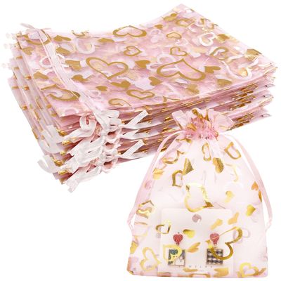 Jexila 100PCS Pink Organza Gift Bags 5''X7'' Sheer Heart Mesh Drawstring Jewelry Pouch for Wedding Party Favor Goodie Candy Treat Bag