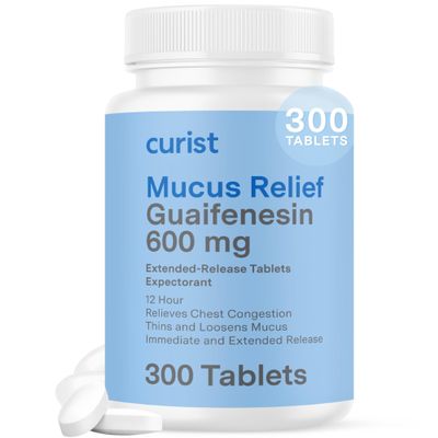 Curist Guaifenesin 600 mg Extended Release Tablets (300 Dye-Free Tablets) - Expectorant Mucus Relief, Generic Guaifenesin 600 mg, (Bulk Pack)