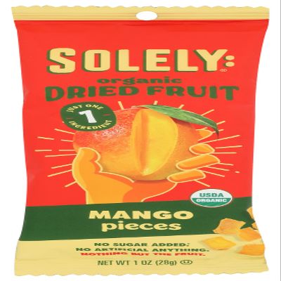 SOLELY Organic Dried Mango Pieces, 1 oz, 10 Pouches  Real Fresh Fruit, Portable On-the-Go Snack, Vegan, Non-GMO, No Sugar Added, Not From Concentrate, Shelf-Stable, Healthy Snack for Kids & Adults