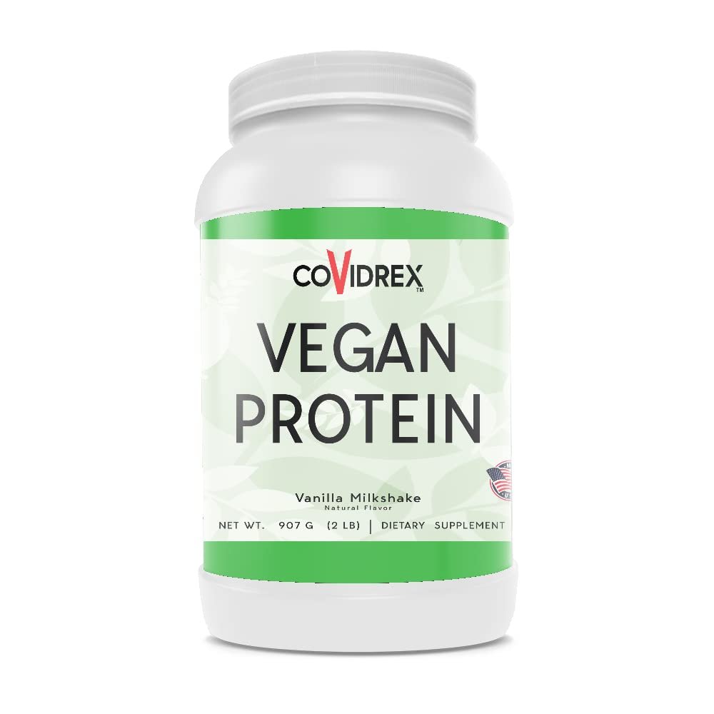 COVIDrex Vegan Protein Powder, 2 LB, Vanilla Flavor, Low CARB, Gluten Free, NO Sugar Added, Dairy Free