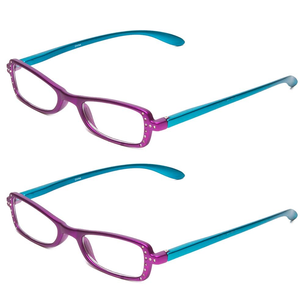 Calabria 837 Womens Metallic Reading Glasses +2.75 Purple (2 Pack) Vibrant Crystal Accents Single Power Readers Spring Hinged Hard Case Included