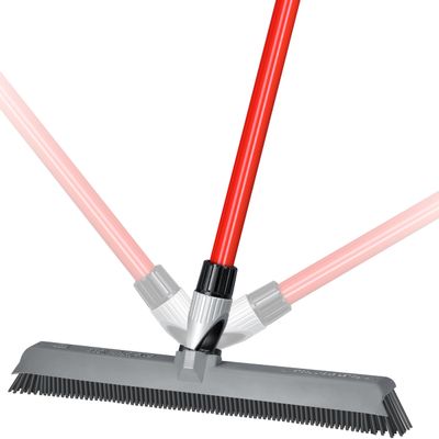 2-in-1 Silicone Rubber Broom Carpet Rake and Squeegee - Swivel Pet Hair Removal Broom with Long Handle - Slanted Side Bristles for Corners - Multipurpose Rubber Broom for Carpet, Hardwood Floor, Tile