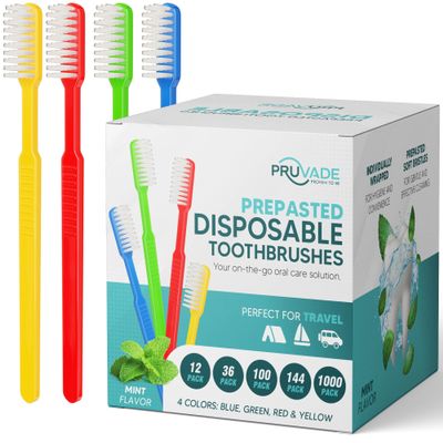 PRUVADE 36 Pack Disposable Toothbrushes with Toothpaste, Built In - Prepasted Toothbrushes Individually Wrapped | Single Use Waterless Tooth Brush with Soft Bristles for Airbnb, Hotel, Camping, Travel