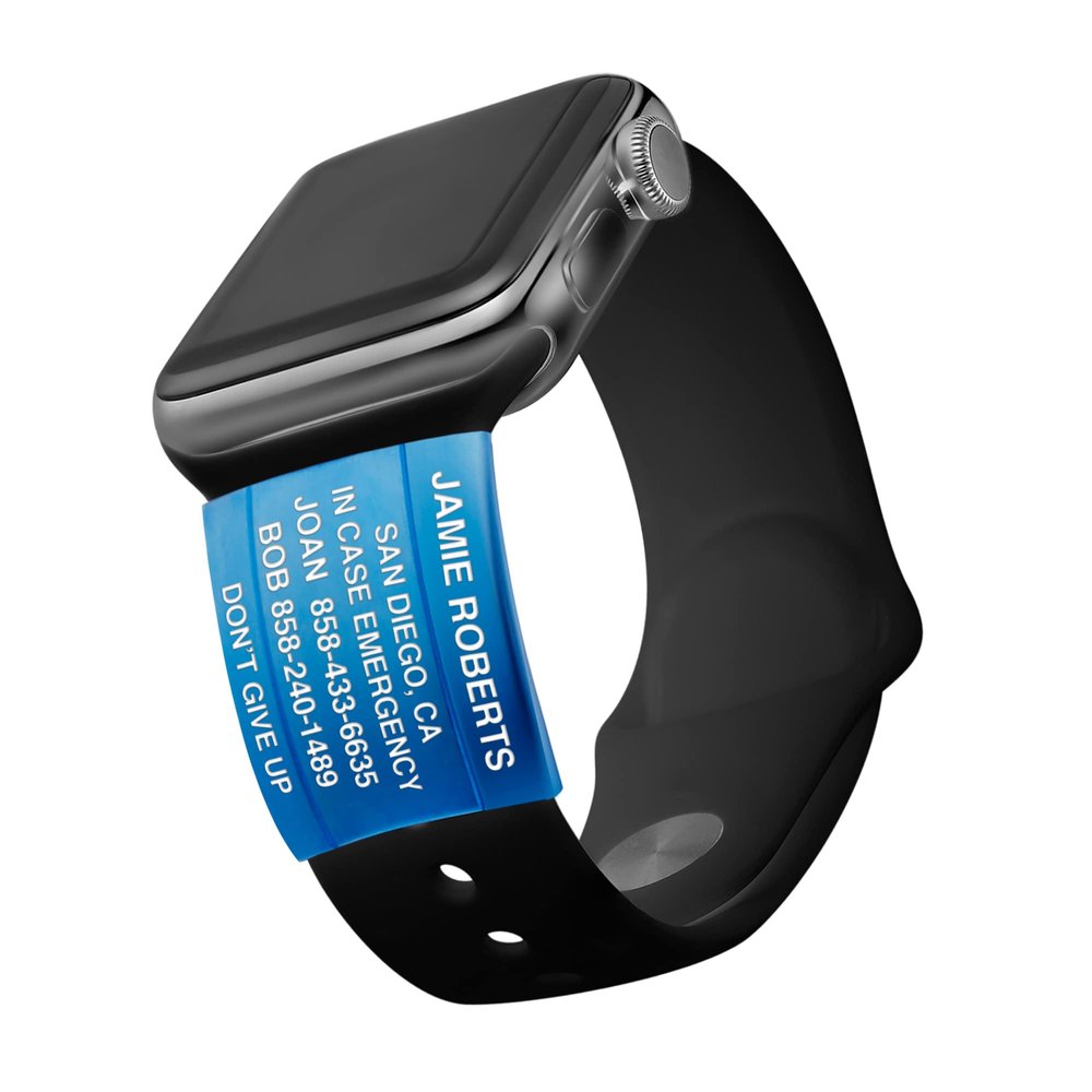Divoti Laser Engravable Alert ID Badge for Apple Watch Bands, Plated Stainless Steel, Comfortable Stylish and Functional Design -Personalized Fitness Runners ID for Sport Smartwatch ICON-BU/Text