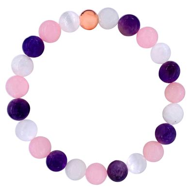 Soul Charms Crystals Healing Crystal Bracelet for Women Feminine, 8mm beads Amethyst, Rose Quartz, Moonstone Bead Bracelet, Purple Pink Stone Jewelry, Gift for Her