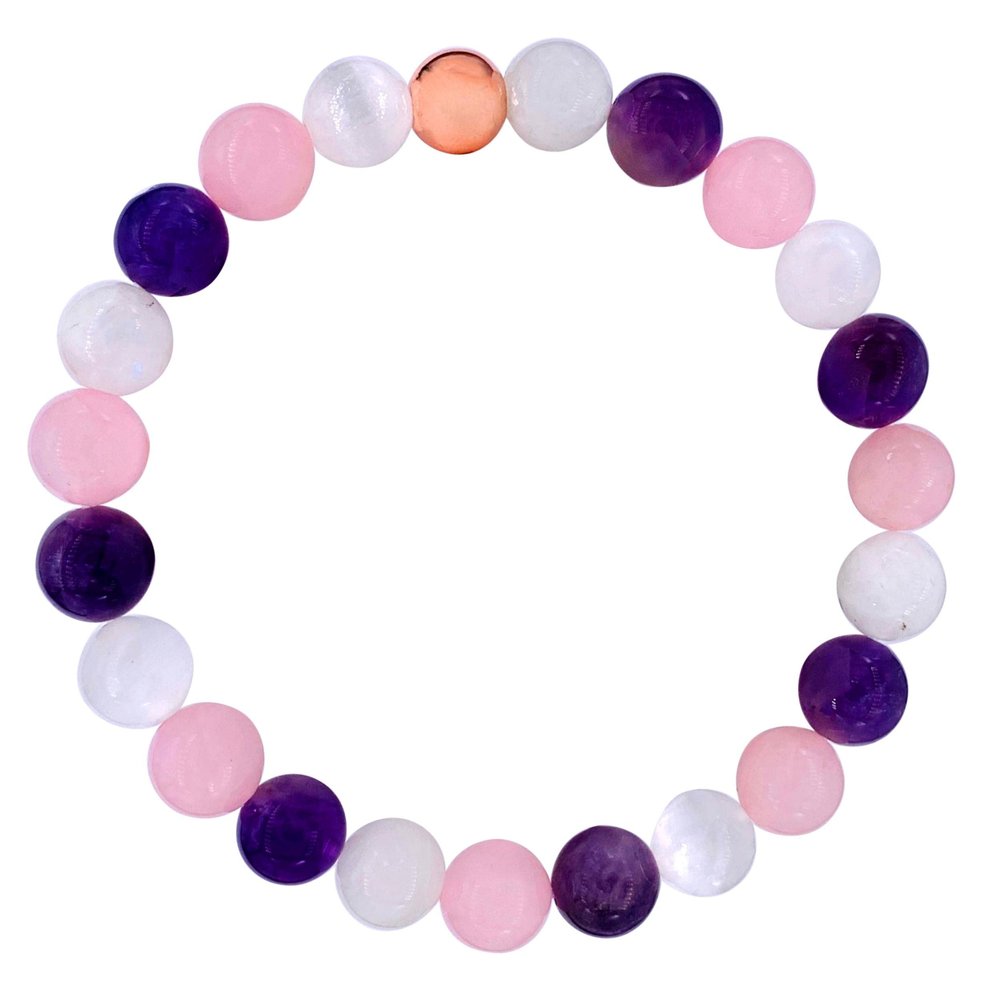 Soul Charms Crystals Healing Crystal Bracelet for Women Feminine, 8mm beads Amethyst, Rose Quartz, Moonstone Bead Bracelet, Purple Pink Stone Jewelry, Gift for Her
