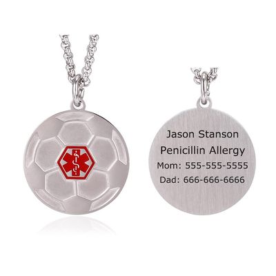 BAIYI HOPE Personalized Football Medical Alert ID Pendant Necklace for Daughter Son, Custom Stainless Steel Soccer Ball Medical Emergency ID Dog Tag Necklace for Women Men Free Engraving