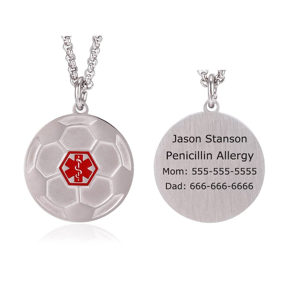 BAIYI HOPE Personalized Football Medical Alert ID Pendant Necklace for Daughter Son, Custom Stainless Steel Soccer Ball Medical Emergency ID Dog Tag Necklace for Women Men Free Engraving