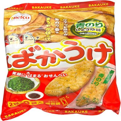 Befco Bakauke Rice Crackers Aonori Soy Sauce and Green Seaweed Flavor 18 pieces (2 pieces x 9 bags) (Pack of 6) - MADE IN JAPAN - Limited Stick