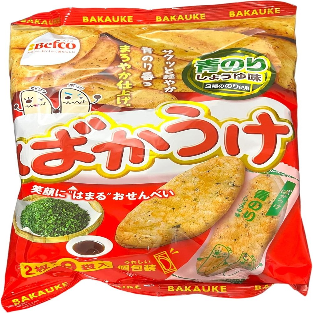 Befco Bakauke Rice Crackers Aonori Soy Sauce and Green Seaweed Flavor 18 pieces (2 pieces x 9 bags) (Pack of 6) - MADE IN JAPAN - Limited Stick