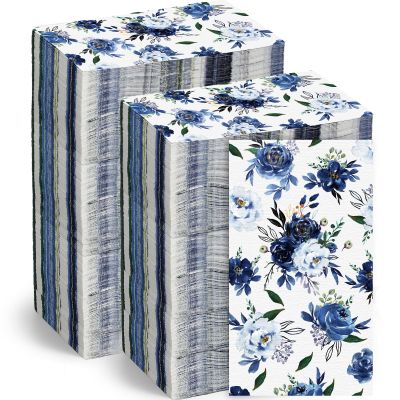 Floral Napkins Disposable Flower Guest Hand Towels Decorative Paper Towels for Bathroom Wedding Birthday Baby Shower Kitchens Table(Navy Blue,100 Pcs)