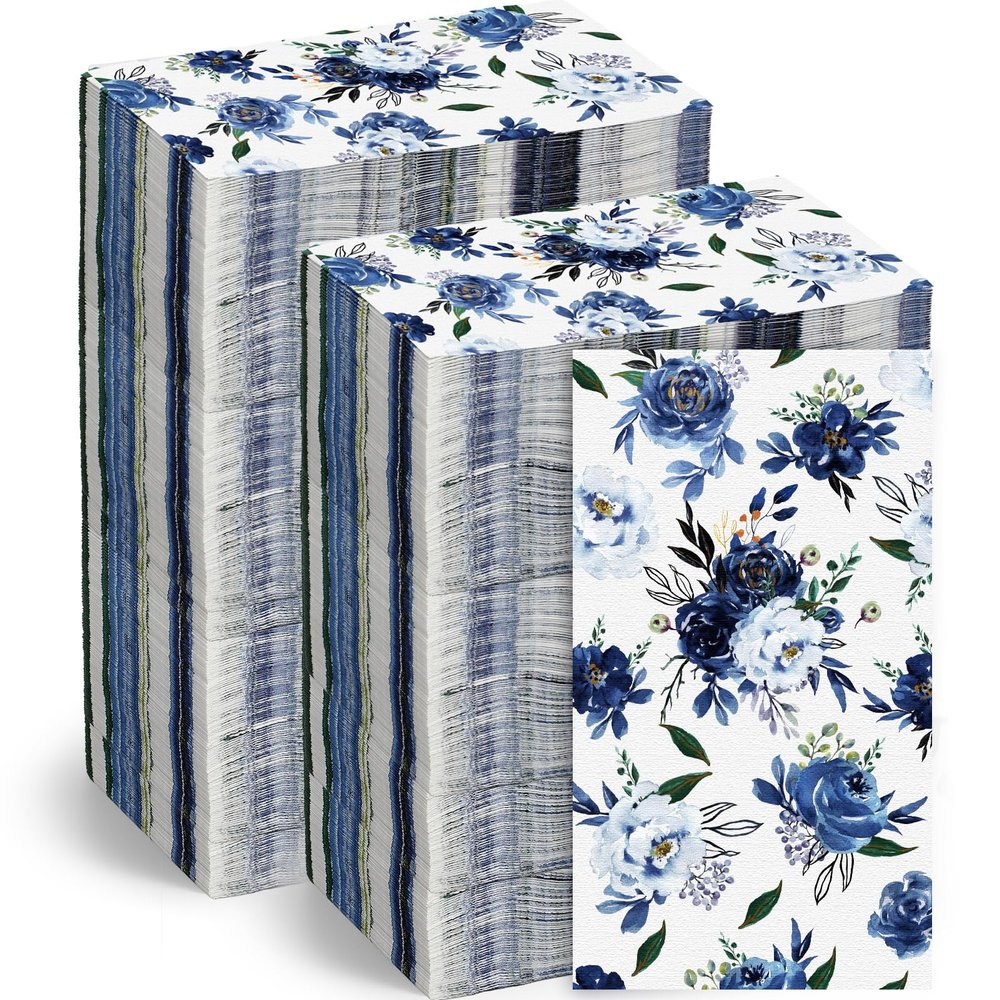 Floral Napkins Disposable Flower Guest Hand Towels Decorative Paper Towels for Bathroom Wedding Birthday Baby Shower Kitchens Table(Navy Blue,100 Pcs)