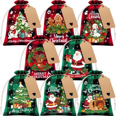 24Pcs Burlap Christmas Drawstring Bags, 5x7in Buffalo Plaid Xmas Gift Bags w/Tag Xmas Candy Bags Small Christmas Linen Treat Bags Goody Gift Bags Reusable Gift Wrapping Bags Holiday Party Favors Sack