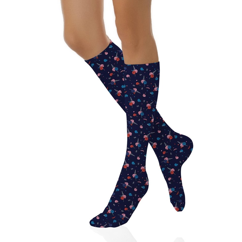 VeJerKK Navy Blue Compression Socks for Women and Men,Lavender Carnation Flowers,Winter Warm Women Socks Best Support for Running,Athletic,Nursing,Travel,Multicolor -20 Inch