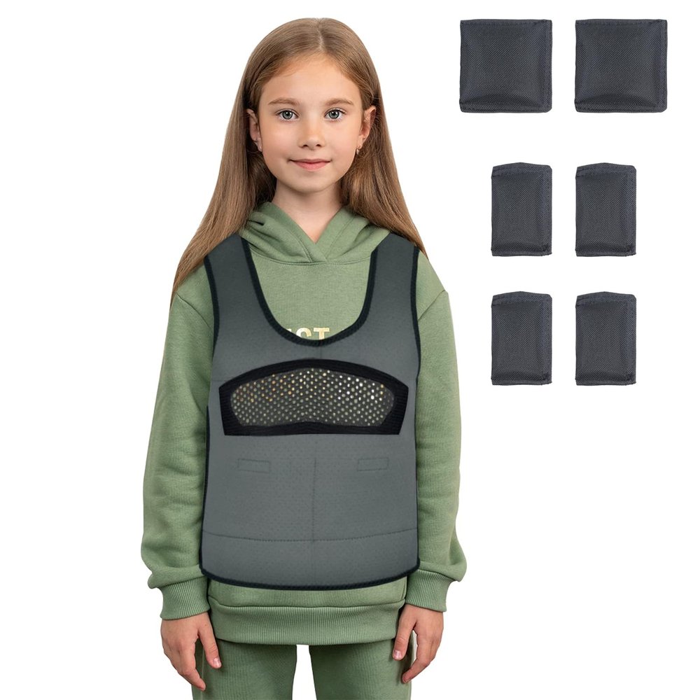 Compression Vest for Kids-Grey, Weighted Vest for Kids Including 6 Removable Weights, (Medium, Ages 5 to 9)