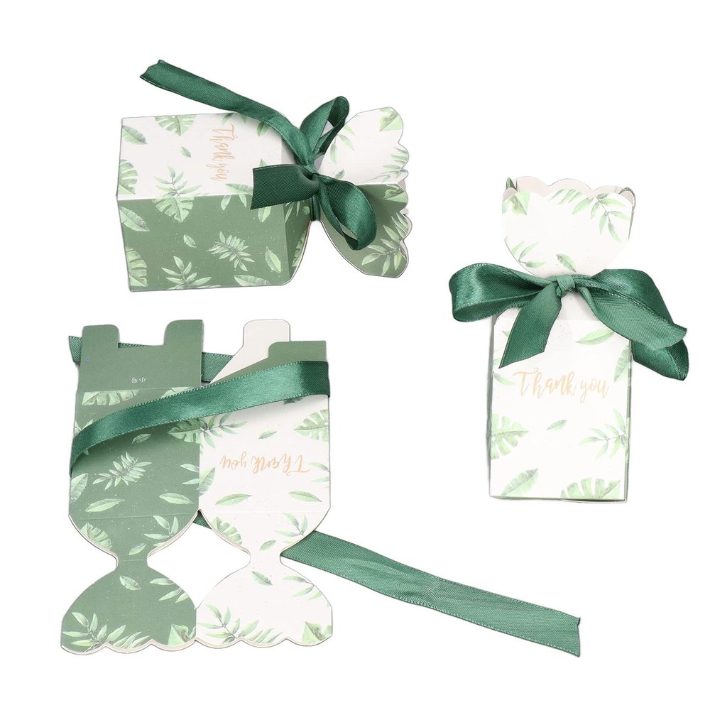 Pegau Candies Boxes, Green Gift Box with Ribbon 50Sets for