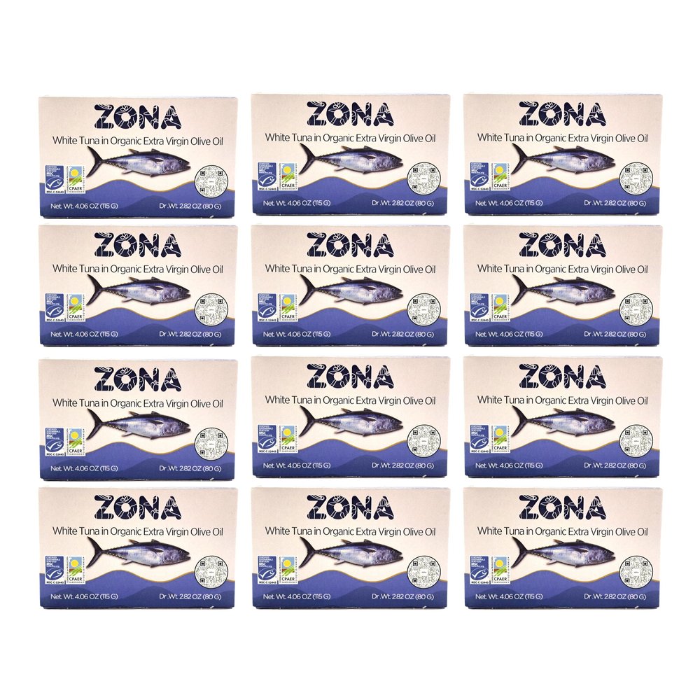 ZONA Ocean White Tuna in Organic Extra Virgin Olive Oil, Hand Packed in Spain, Certified Organic, MSC Certified, Easy Open Can, 4.06 oz (115 g) (MULIPACK) (12pk)