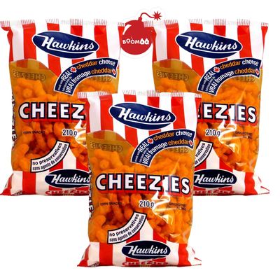 Hawkins Cheezies From Canada Family Pack 3x210g/7.4oz, Canadian Snacks Cheese Curls with Cheddar Cheese Puff Powder, Crunchy Cheese Straws, with BoomQQ Sticker