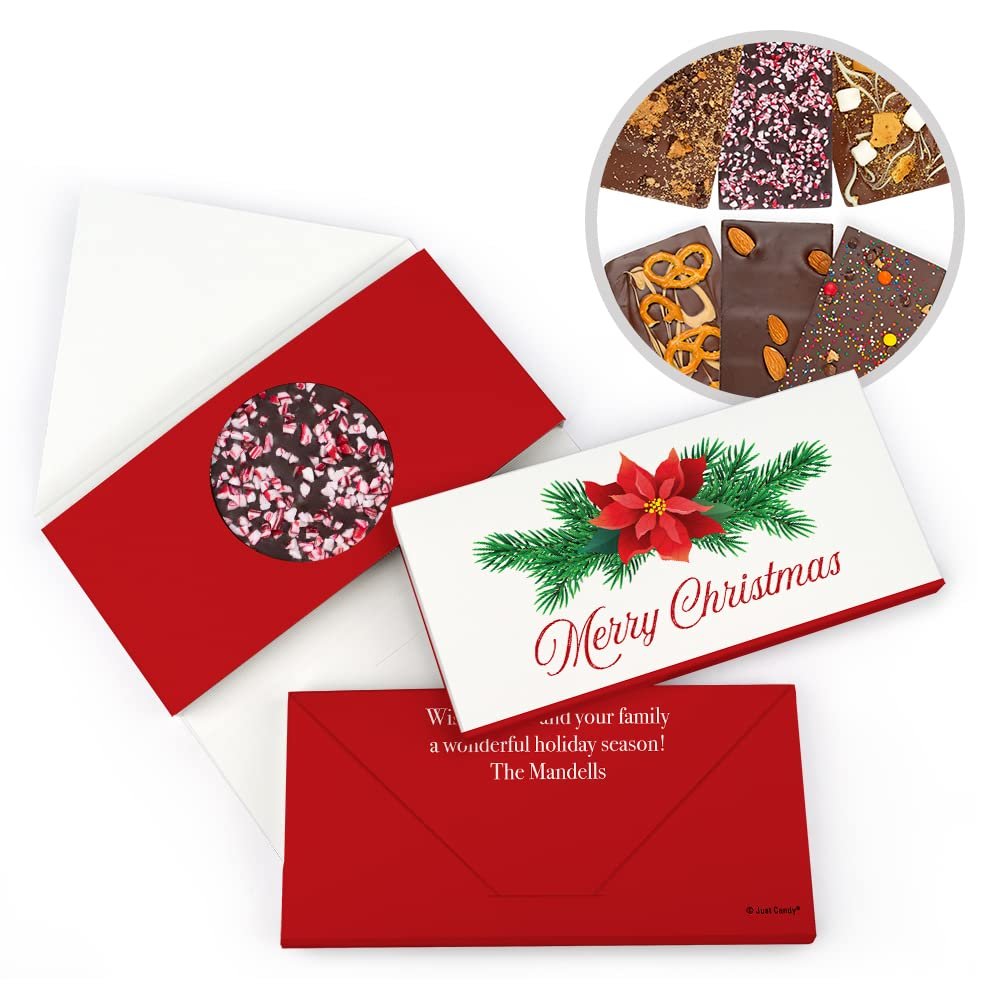12ct Personalized Candy Christmas Favors Gourmet S'More & More 3.5oz Bars in Custom Gift Box (12 Pack) - Chirstmas Poinsettia