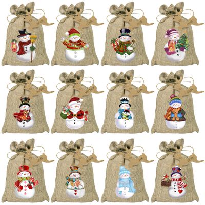 BORAMDO Christmas Burlap Gift Bags with Drawstrings - 24 Pcs, Watercolor 12 Designs Snowman Linen Wrapping Bags, Small Treat Candy Bags for Holiday Party Favors