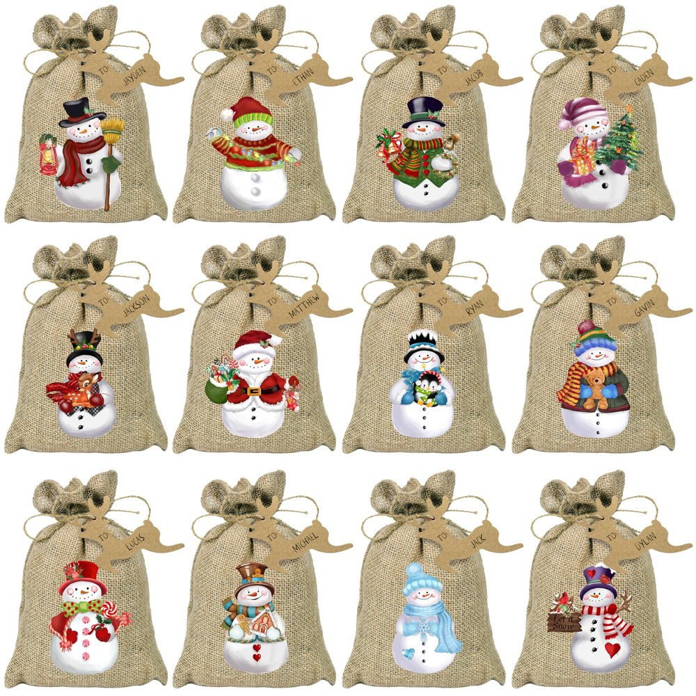 BORAMDO Christmas Burlap Gift Bags with Drawstrings - 24 Pcs, Watercolor 12 Designs Snowman Linen Wrapping Bags, Small Treat Candy Bags for Holiday Party Favors