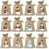 BORAMDO Christmas Burlap Gift Bags with Drawstrings - 24 Pcs, Watercolor 12 Designs Snowman Linen Wrapping Bags, Small Treat Candy Bags for Holiday Party Favors view 1