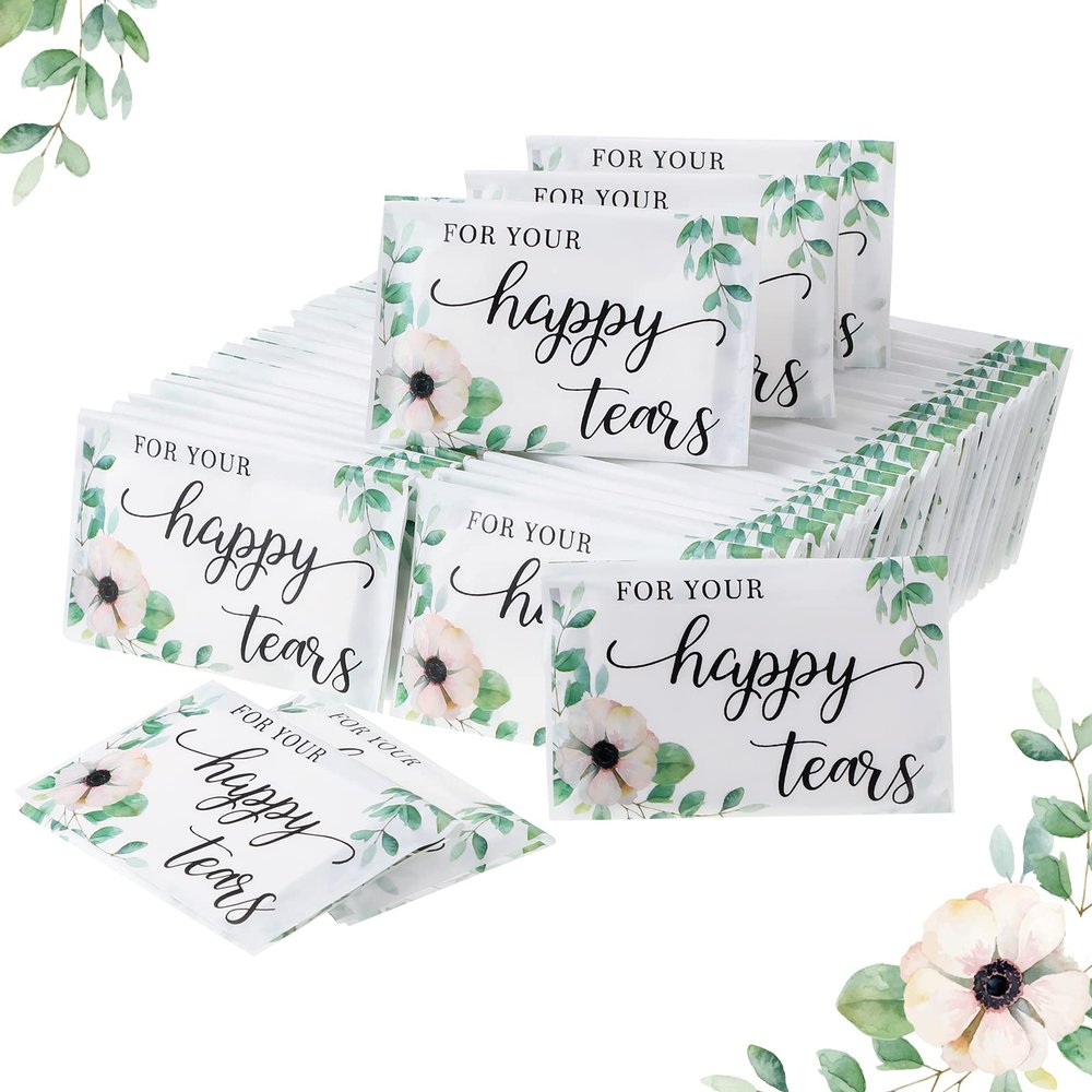 Yinder 60 Bulk Happy Tears Tissue Packs for Wedding 3 Ply Pocket Size Tissues Packs for Guests Facial Individual Wedding Favors Party Supplies Travel Graduation Celebration(Green Flower)