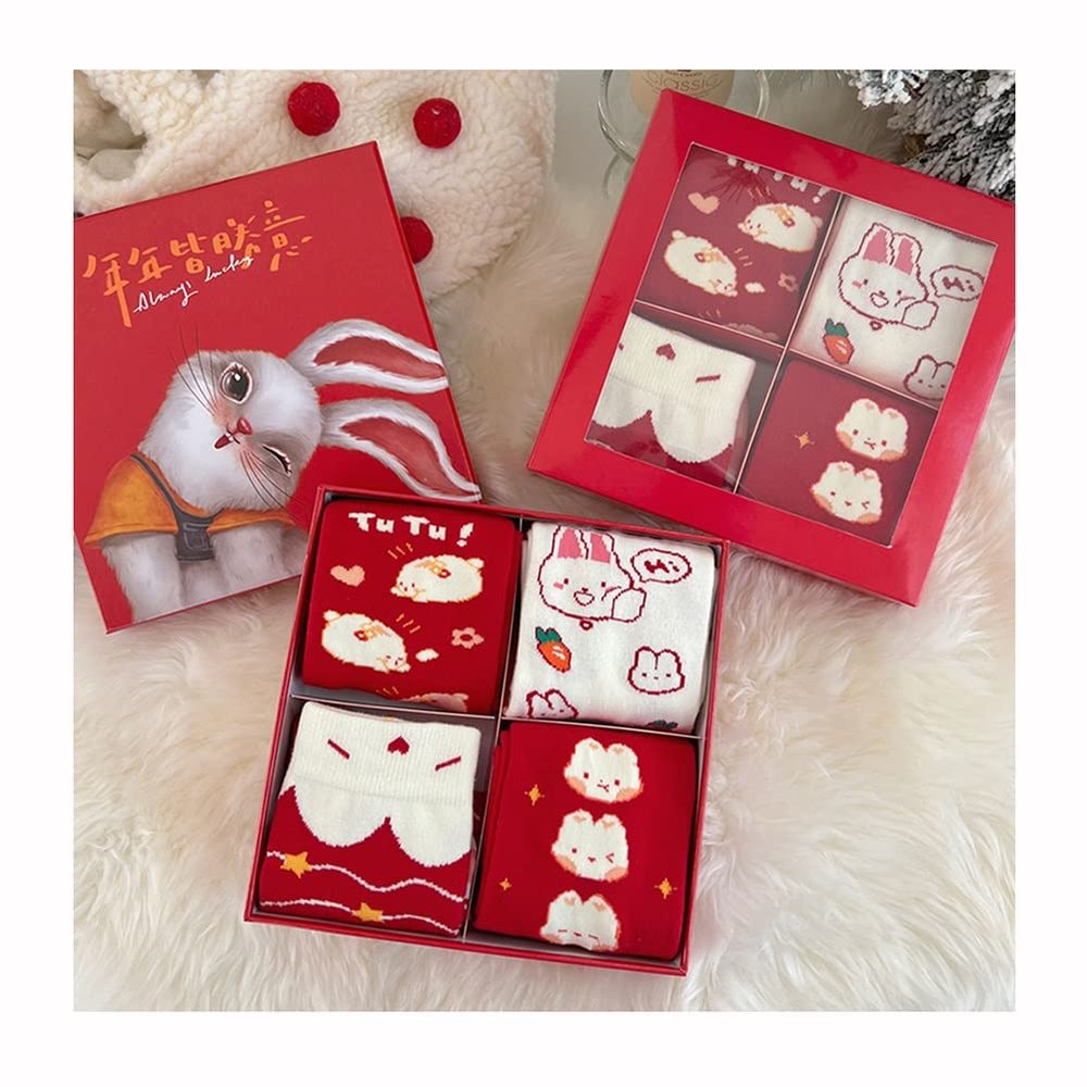 4 Pairs New Year Red Girls Socks Lucky Socks, Autumn Winter Comfortable Sports Socks, Traditional Chinese New Year Gift