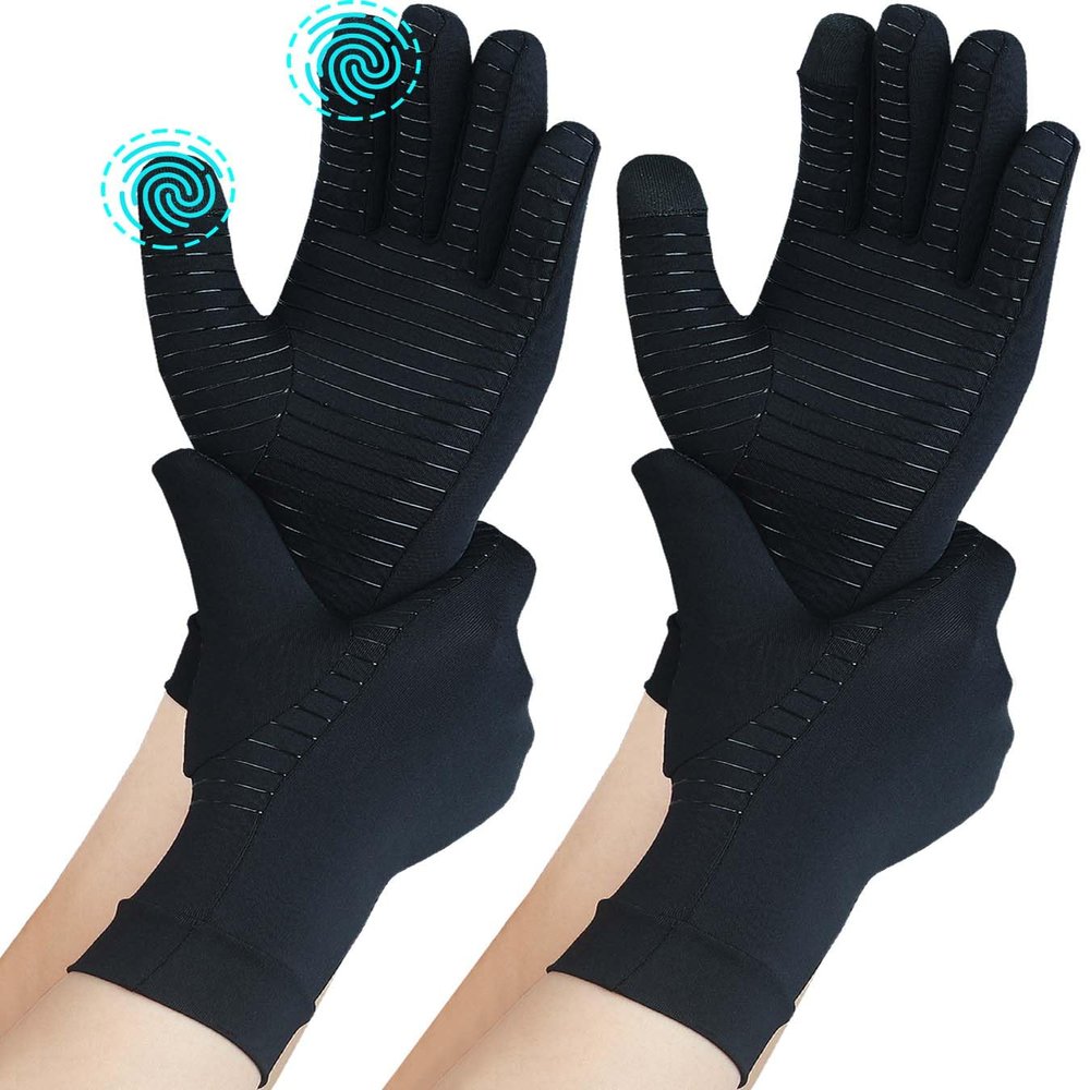 2 Pairs Full Finger Copper Arthritis Compression Gloves with Touchscreen Tips. Relief for Hand Pain, Carpal Tunnel, Rheumatoid, Inflammation, Tendonitis, Trigger Finger, RSI, Fit for Men Women (L)